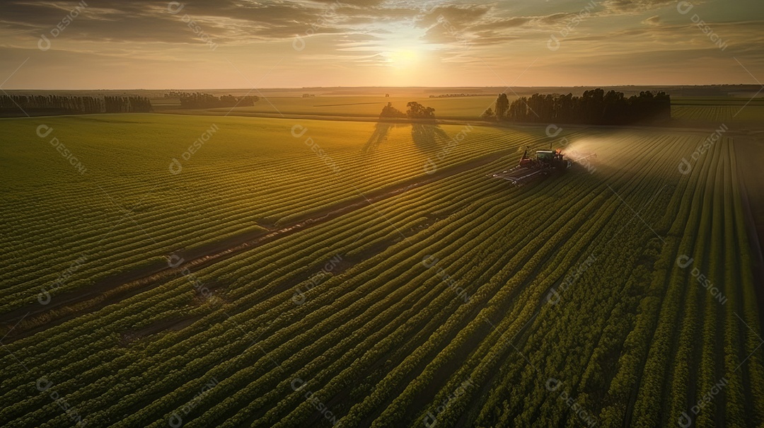 Vista aérea do trator pulverizando pesticidas na plantação de soja verde ao pôr do sol.