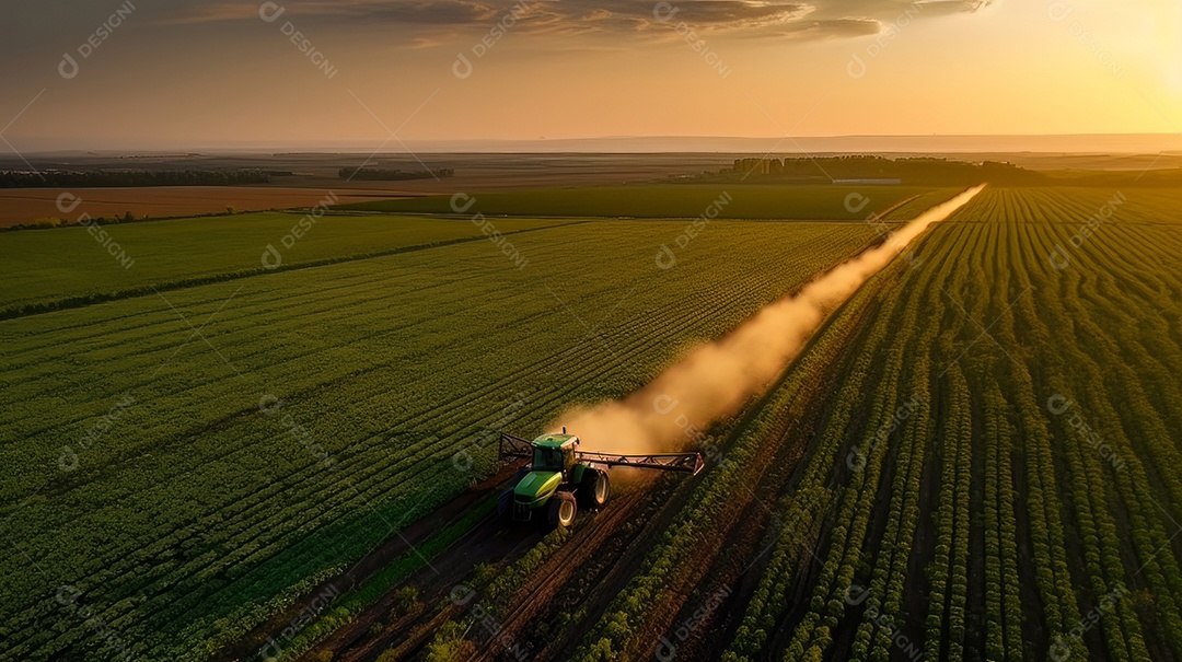 Vista aérea do trator pulverizando pesticidas na plantação de soja verde ao pôr do sol.