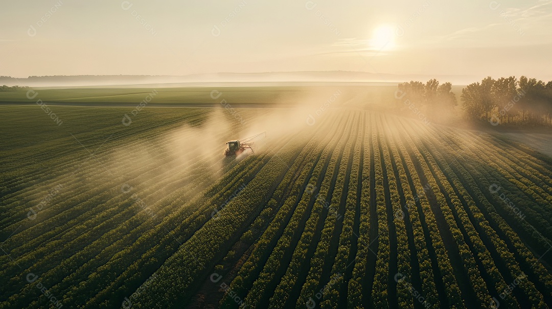 Vista aérea do trator pulverizando pesticidas na plantação de soja verde ao pôr do sol.