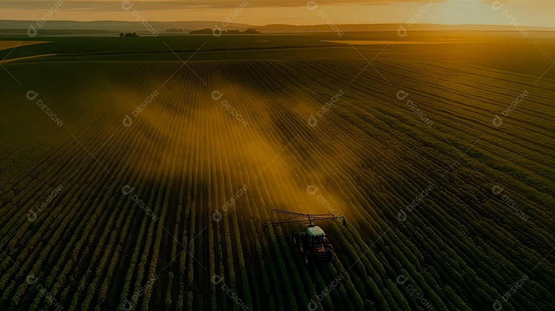 Vista aérea do trator pulverizando pesticidas na plantação de soja verde ao pôr do sol.