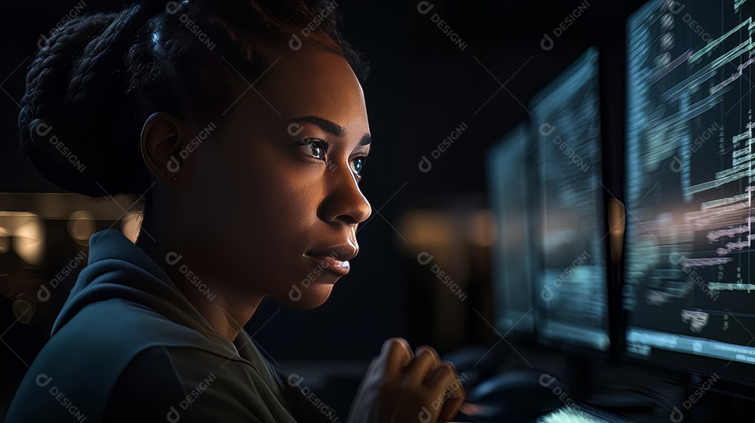 Programadora afro-americana olhando linhas de código em uma tela.