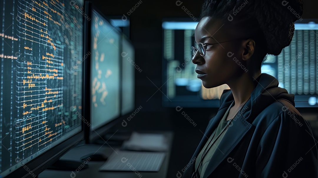 Programadora afro-americana olhando linhas de código em uma tela.