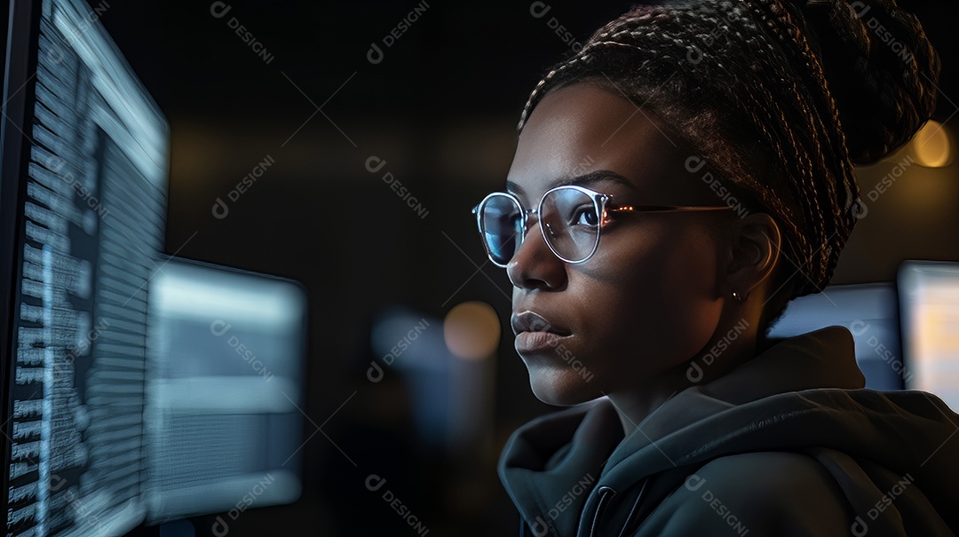 Programadora afro-americana olhando linhas de código em uma tela.