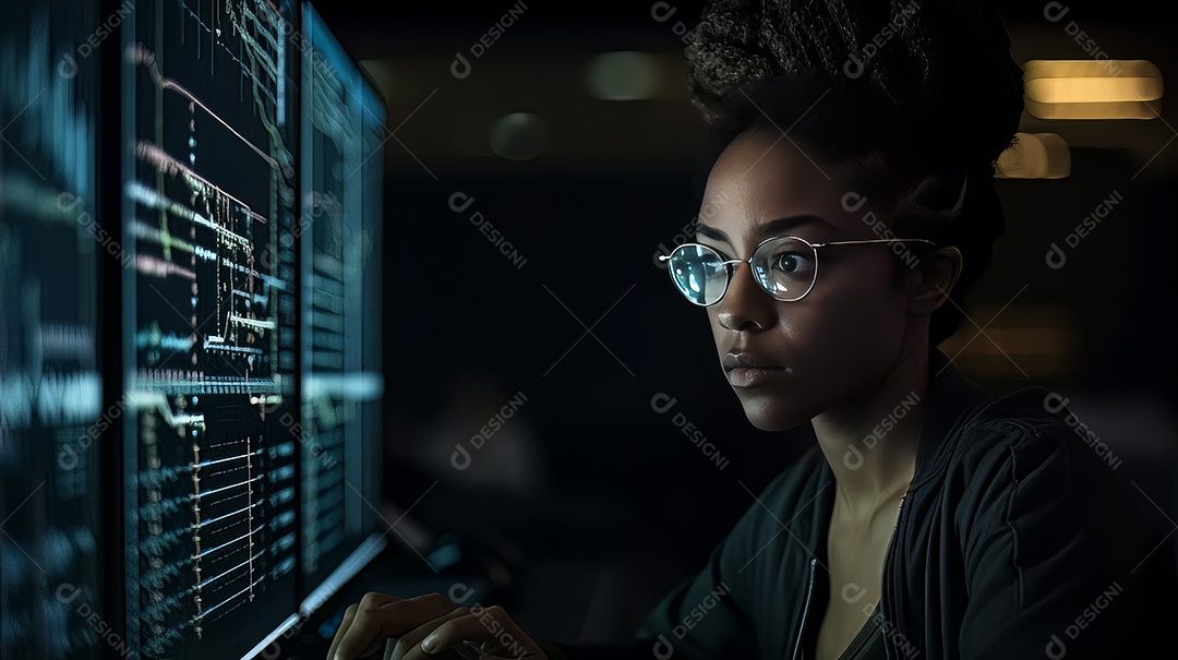 Programadora afro-americana olhando linhas de código em uma tela.