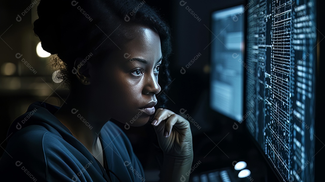 Programadora afro-americana olhando linhas de código em uma tela.