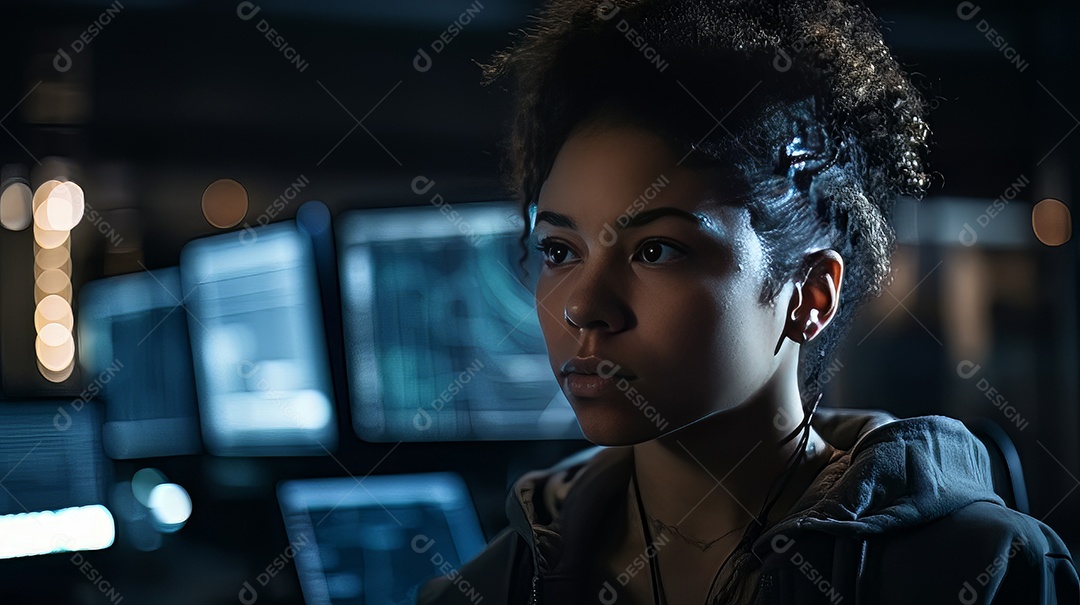 Programadora afro-americana olhando linhas de código em uma tela.