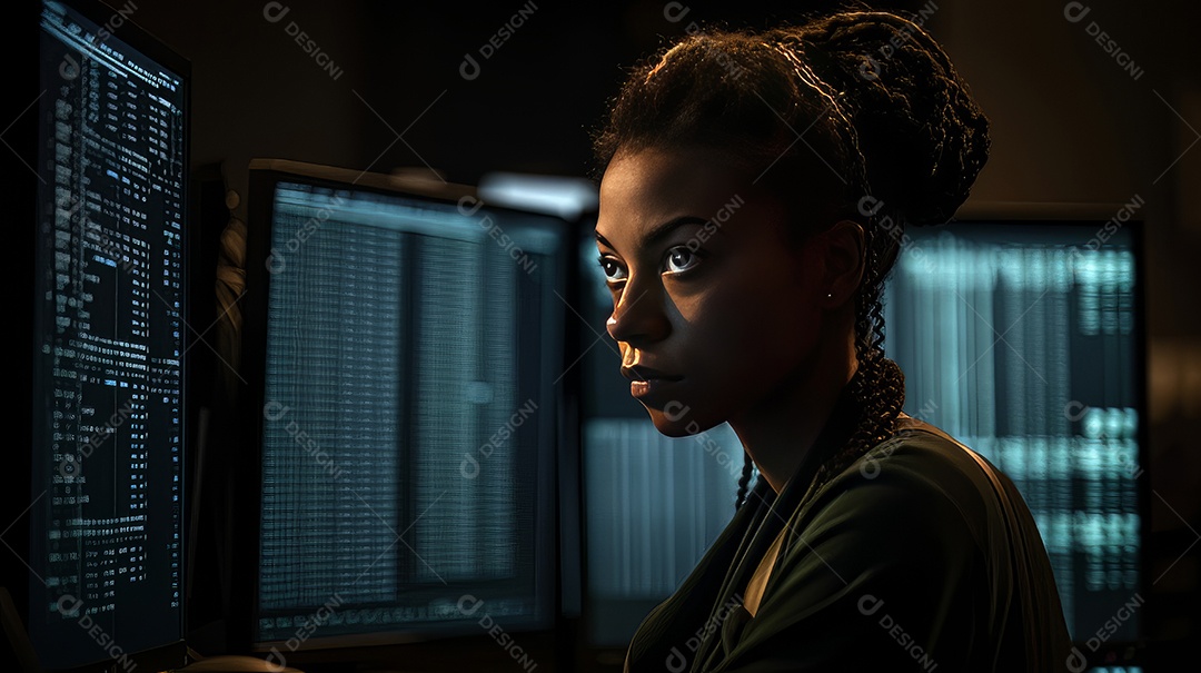 Programadora afro-americana olhando linhas de código em uma tela.