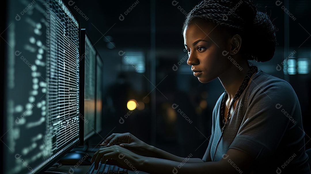 Programadora afro-americana olhando linhas de código em uma tela.