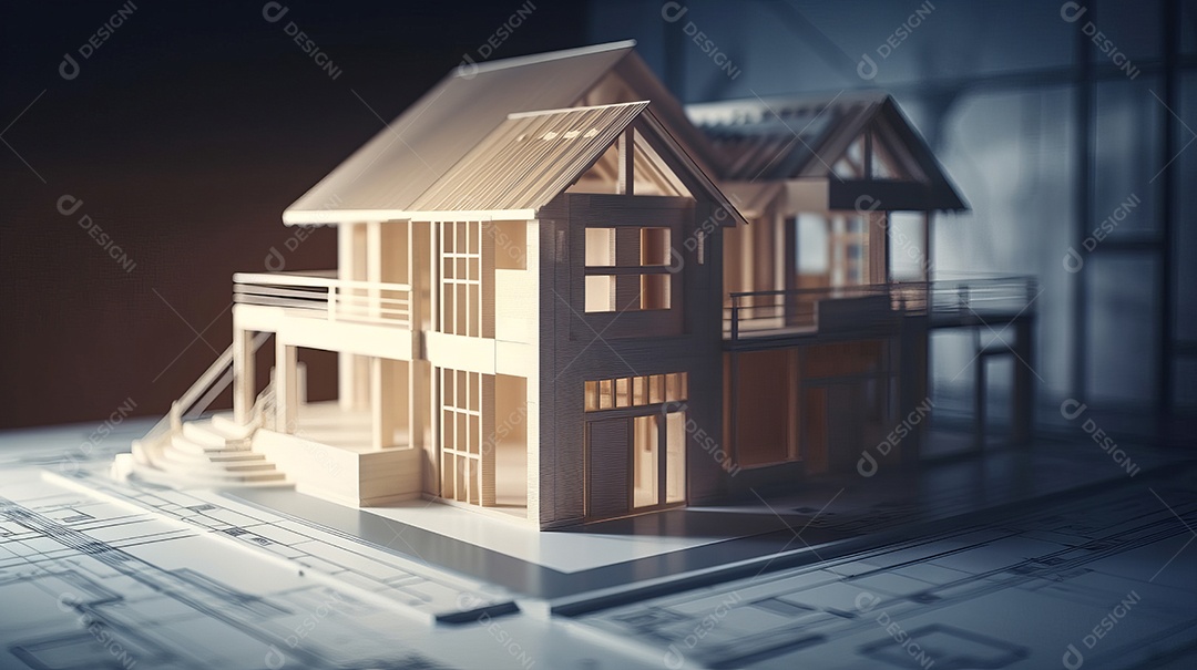 Projetos de plantas e um modelo de casa para um projeto de construção. Experiência em imóveis, construção de projetos habitacionais e projetos de engenharia. planos para construção residencial.