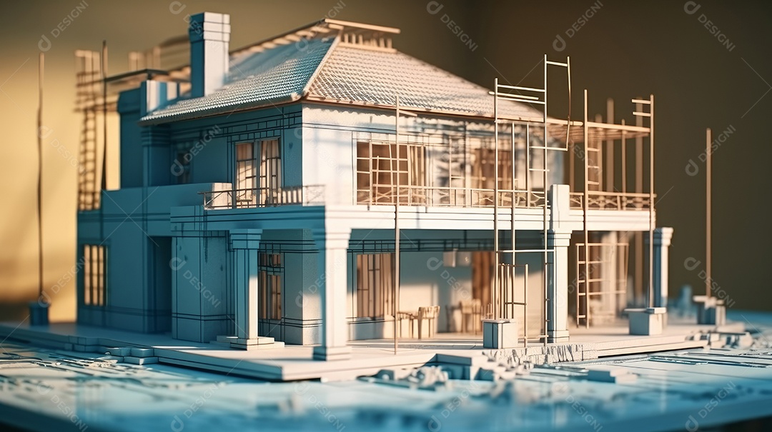 Projetos de plantas e um modelo de casa para um projeto de construção. Experiência em imóveis, construção de projetos habitacionais e projetos de engenharia. planos para construção residencial.