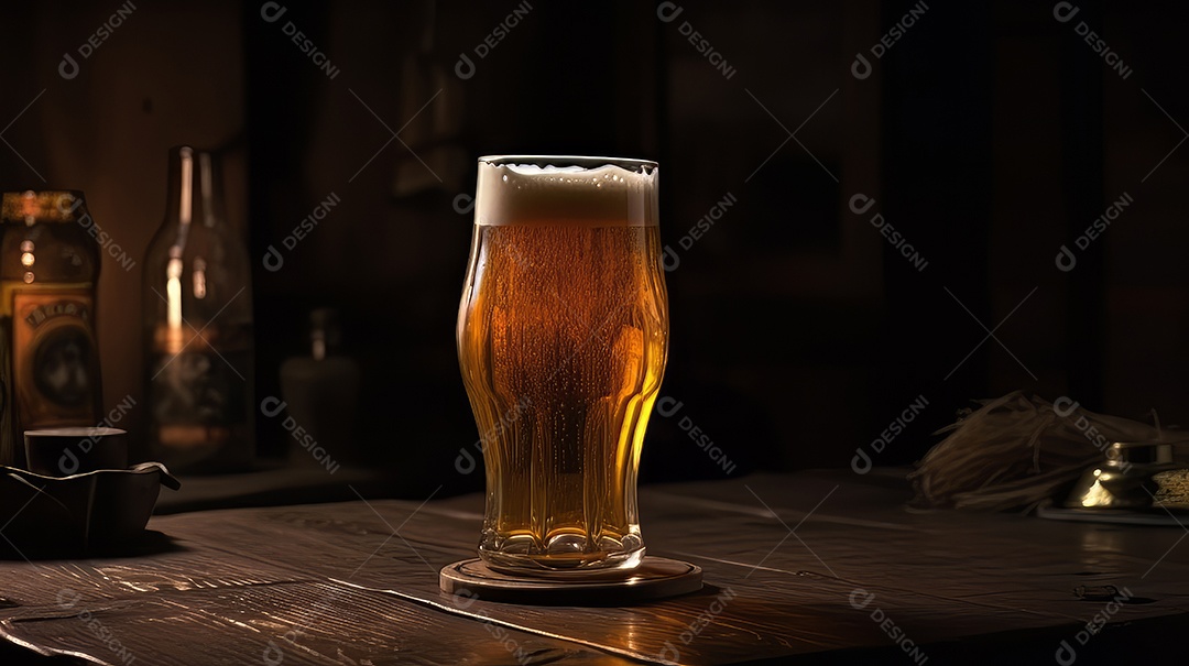 Copo de cerveja sobre uma mesa de bar.