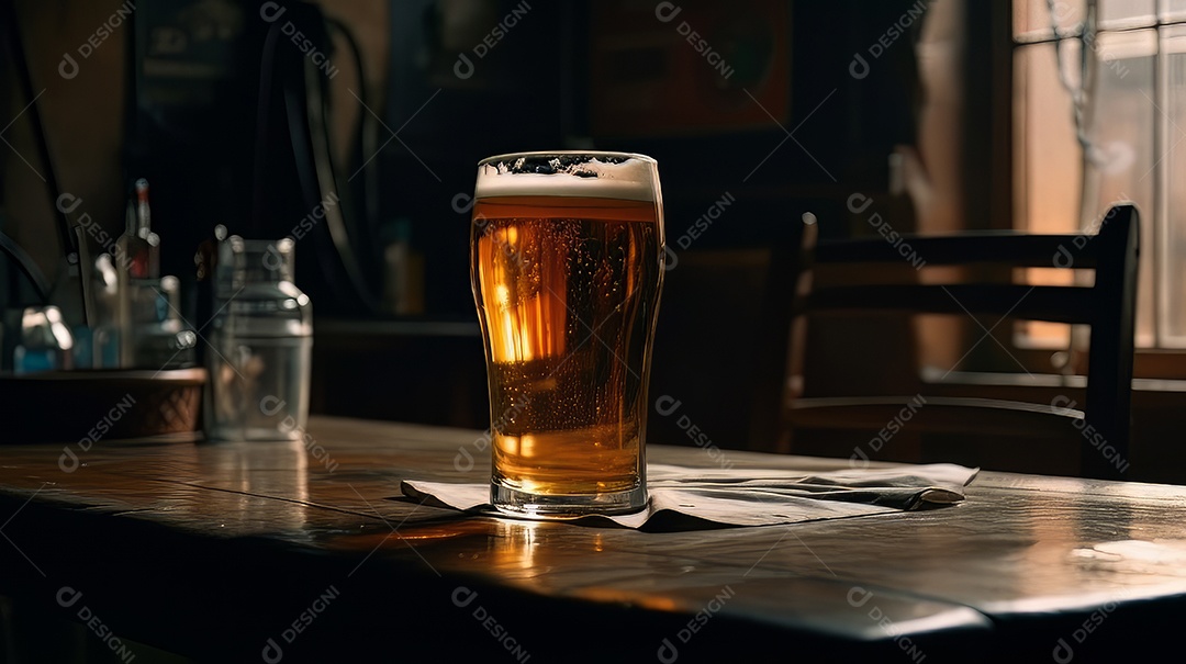 Copo de cerveja sobre uma mesa de bar.