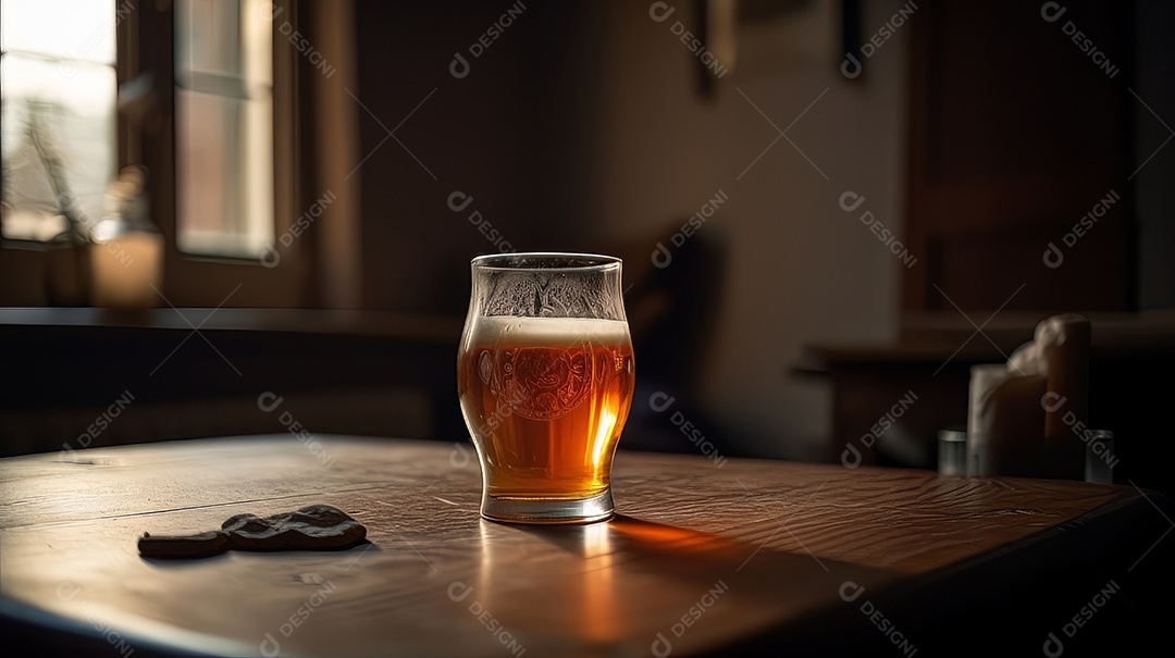 Copo de cerveja sobre uma mesa de bar.