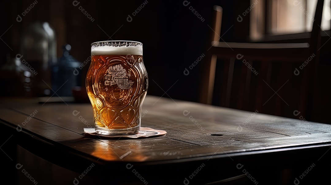 Copo de cerveja sobre uma mesa de bar.