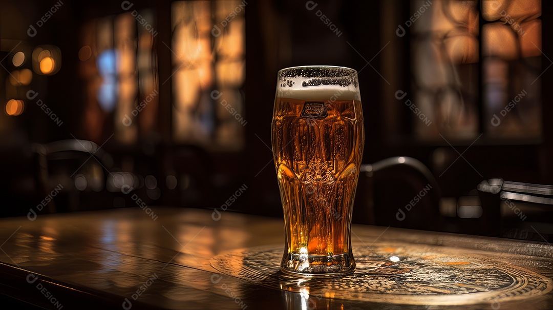 Copo de cerveja sobre uma mesa de bar.