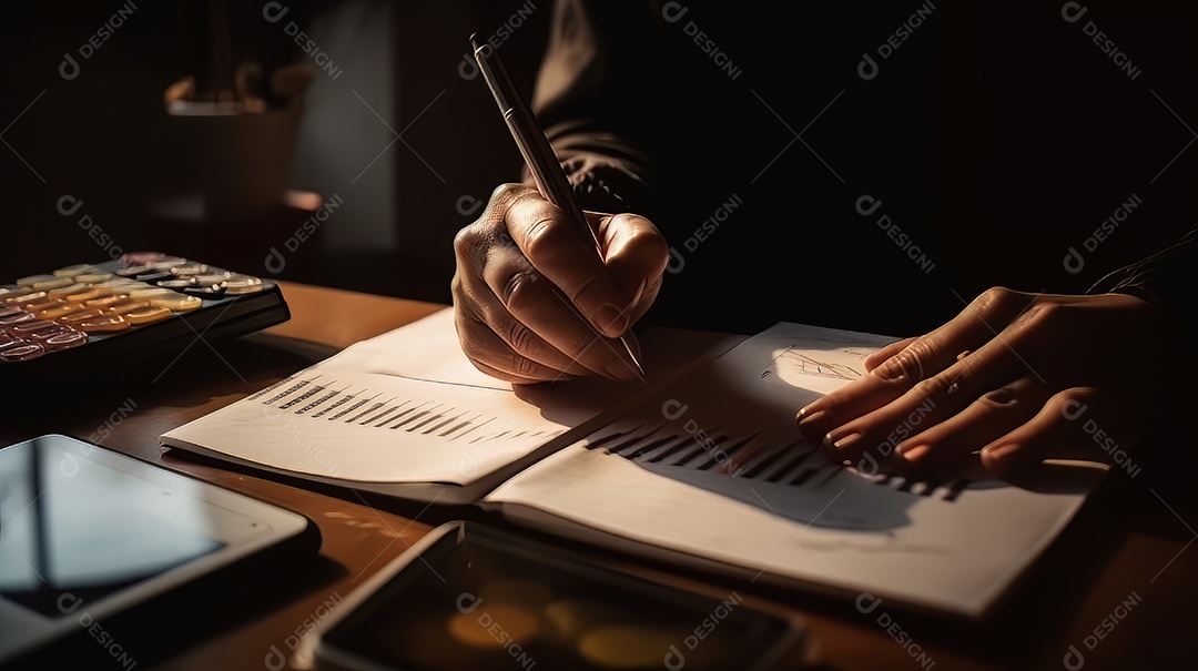 Os investidores estão calculando lucros e custos com calculadoras, análise de gráfico de crescimento e investimento, planejamento de negócios e estratégias para maximizar os lucros de vendas Plano de negócios de longo prazo.