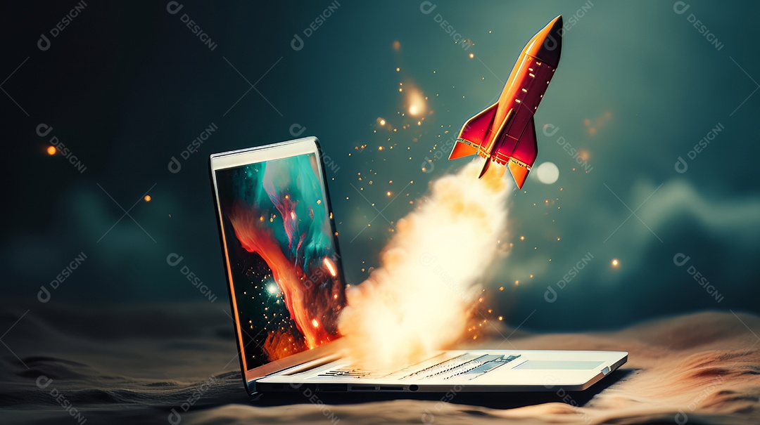 Laptop com um foguete decolando Conceito de ganhar dinheiro online trabalhando em negócios digitais empreendedorismo criptomoeda investimento marketing digital.