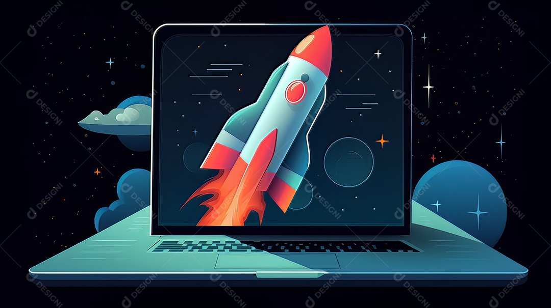 Laptop com um foguete decolando Conceito de ganhar dinheiro online trabalhando em negócios digitais empreendedorismo criptomoeda investimento marketing digital.