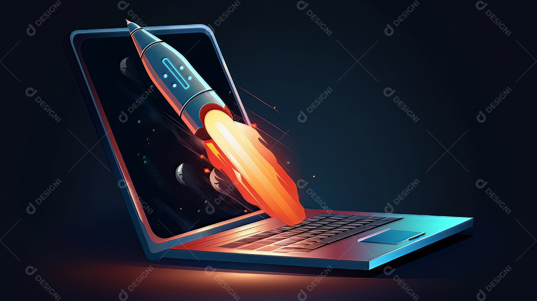 Laptop com um foguete decolando Conceito de ganhar dinheiro online trabalhando em negócios digitais empreendedorismo criptomoeda investimento marketing digital.