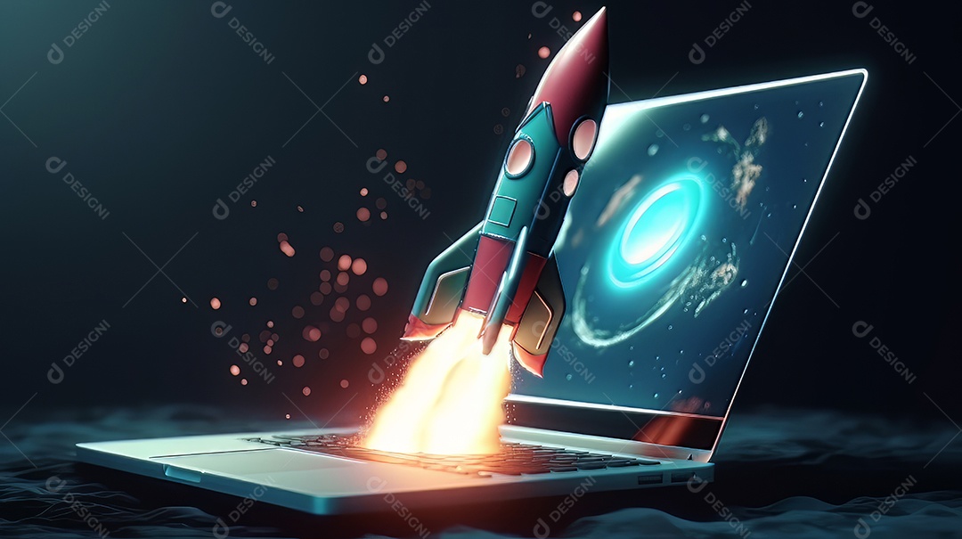 Laptop com um foguete decolando Conceito de ganhar dinheiro online trabalhando em negócios digitais empreendedorismo criptomoeda investimento marketing digital.