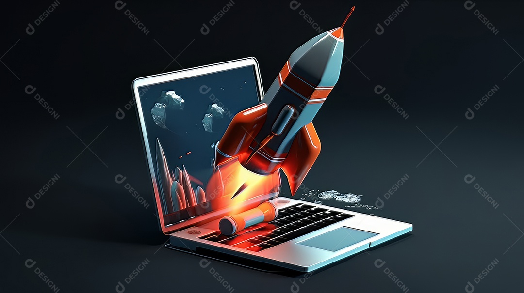 Laptop com um foguete decolando Conceito de ganhar dinheiro online trabalhando em negócios digitais empreendedorismo criptomoeda investimento marketing digital.