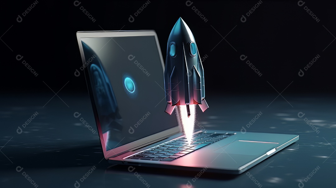 Laptop com um foguete decolando Conceito de ganhar dinheiro online trabalhando em negócios digitais empreendedorismo criptomoeda investimento marketing digital.