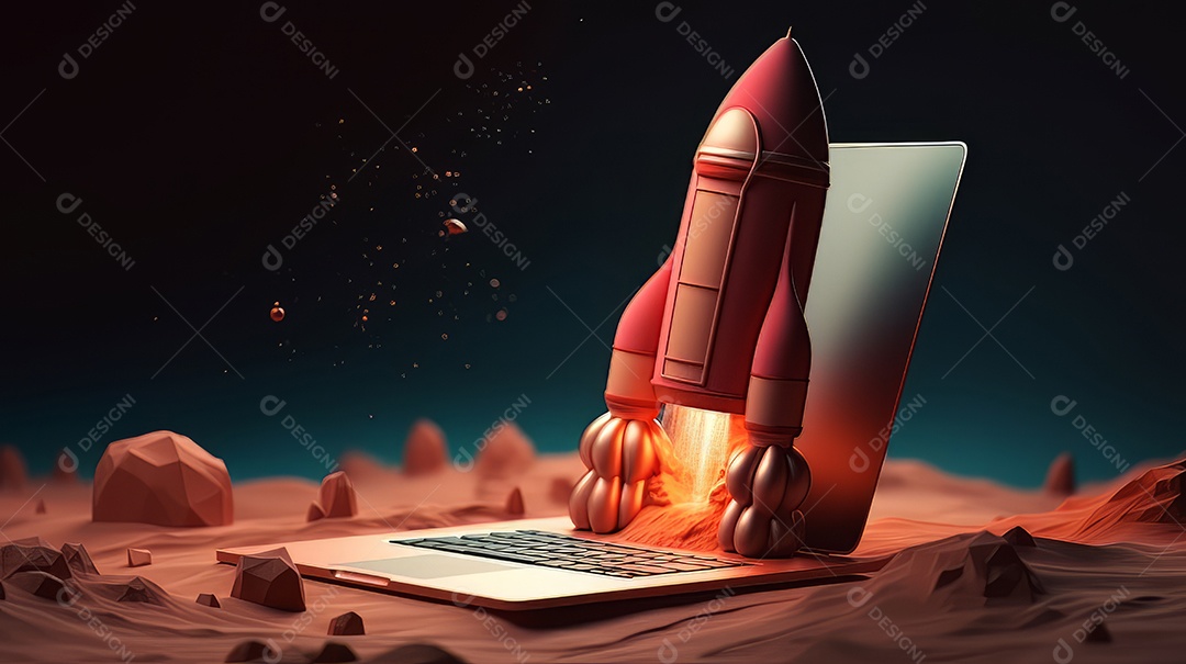 Laptop com um foguete decolando Conceito de ganhar dinheiro online trabalhando em negócios digitais empreendedorismo criptomoeda investimento marketing digital.