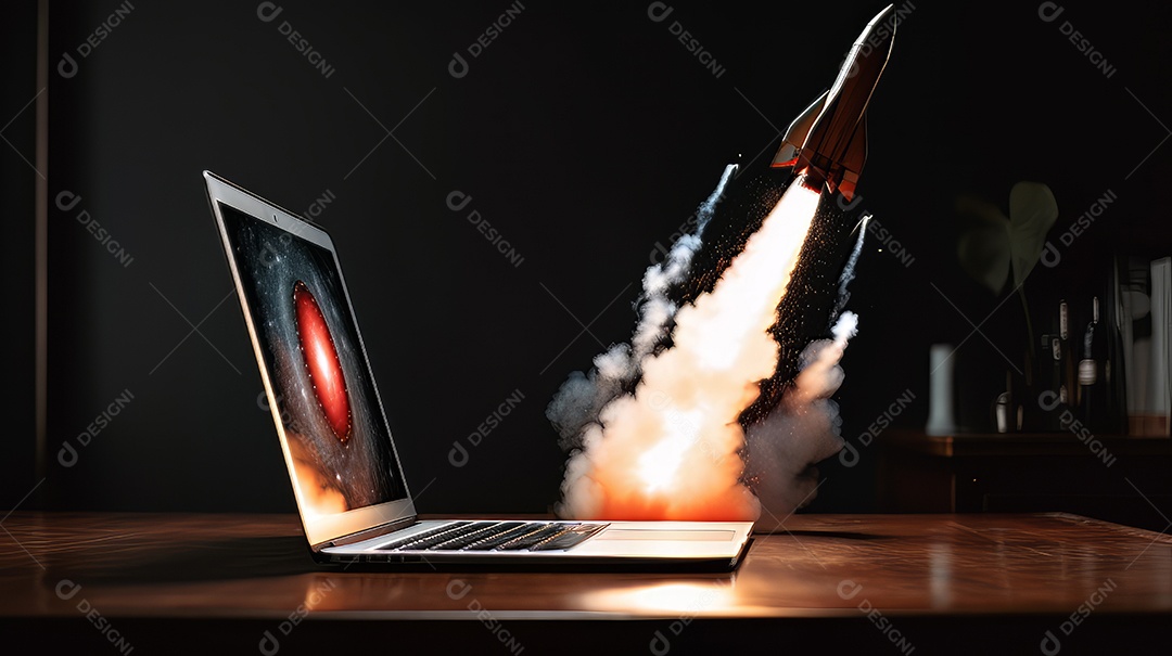 Laptop com um foguete decolando Conceito de ganhar dinheiro online trabalhando em negócios digitais empreendedorismo criptomoeda investimento marketing digital.