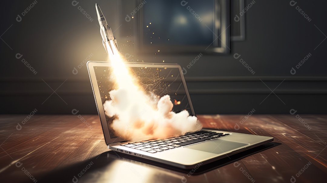 Laptop com um foguete decolando Conceito de ganhar dinheiro online trabalhando em negócios digitais empreendedorismo criptomoeda investimento marketing digital.