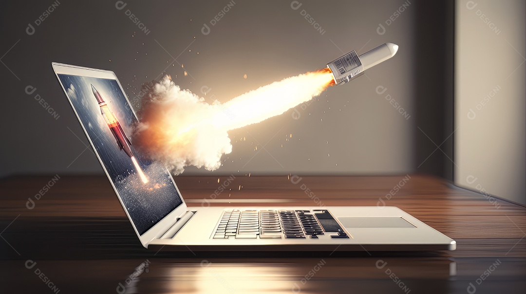 Laptop com um foguete decolando Conceito de ganhar dinheiro online trabalhando em negócios digitais empreendedorismo criptomoeda investimento marketing digital.