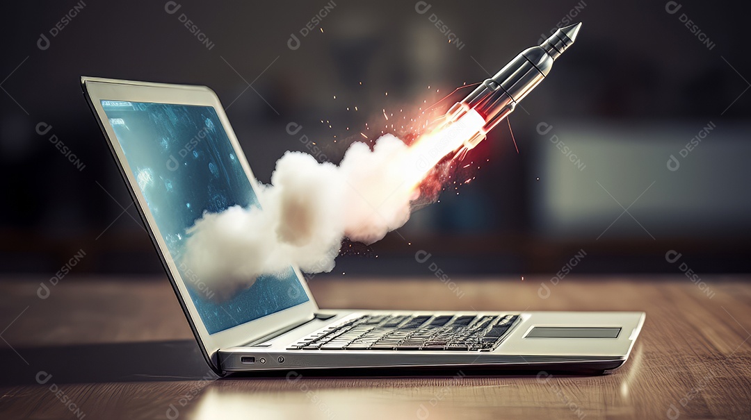 Laptop com um foguete decolando Conceito de ganhar dinheiro online trabalhando em negócios digitais empreendedorismo criptomoeda investimento marketing digital AI Generate.