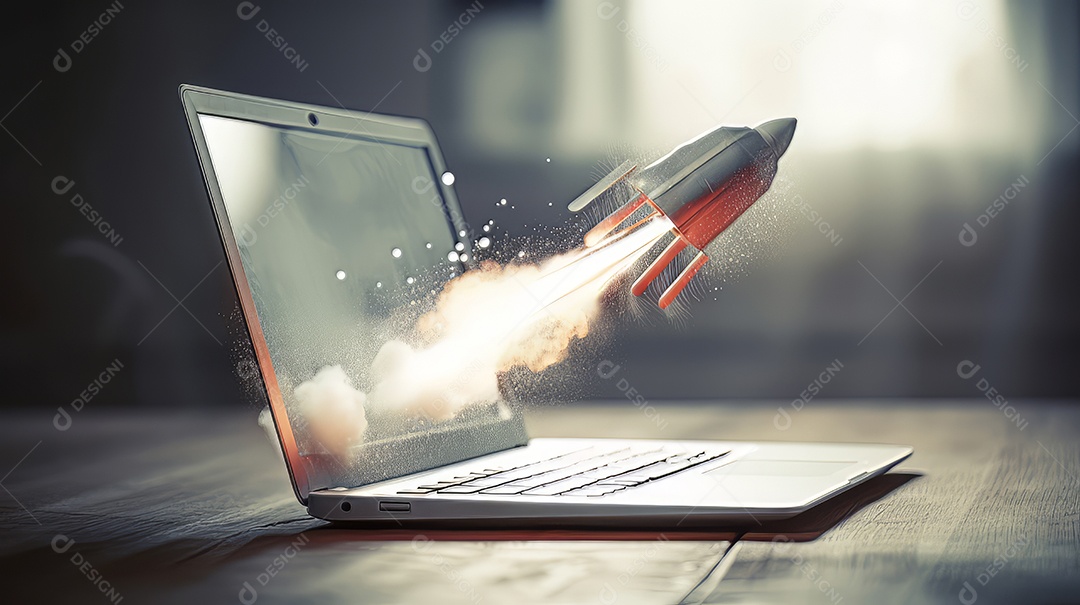 Laptop com um foguete decolando Conceito de ganhar dinheiro online trabalhando em negócios digitais empreendedorismo criptomoeda investimento marketing digital AI Generate.