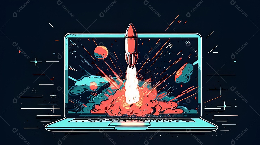 Laptop com um foguete decolando Conceito de ganhar dinheiro online trabalhando em negócios digitais empreendedorismo criptomoeda investimento marketing digital AI Generate.
