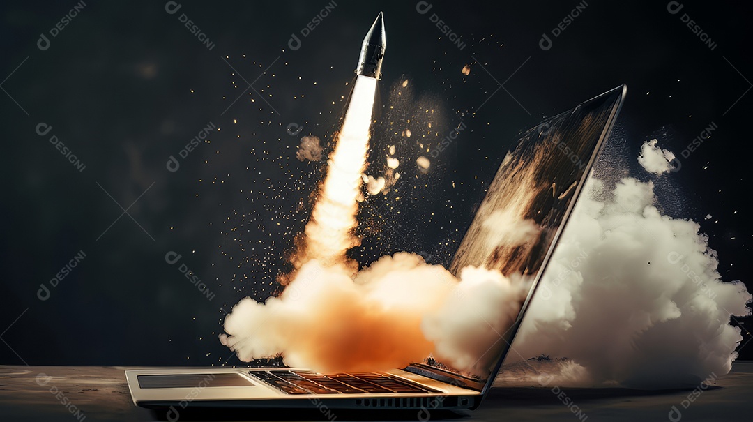 Laptop com um foguete decolando Conceito de ganhar dinheiro online trabalhando em negócios digitais empreendedorismo criptomoeda investimento marketing digital AI Generate.
