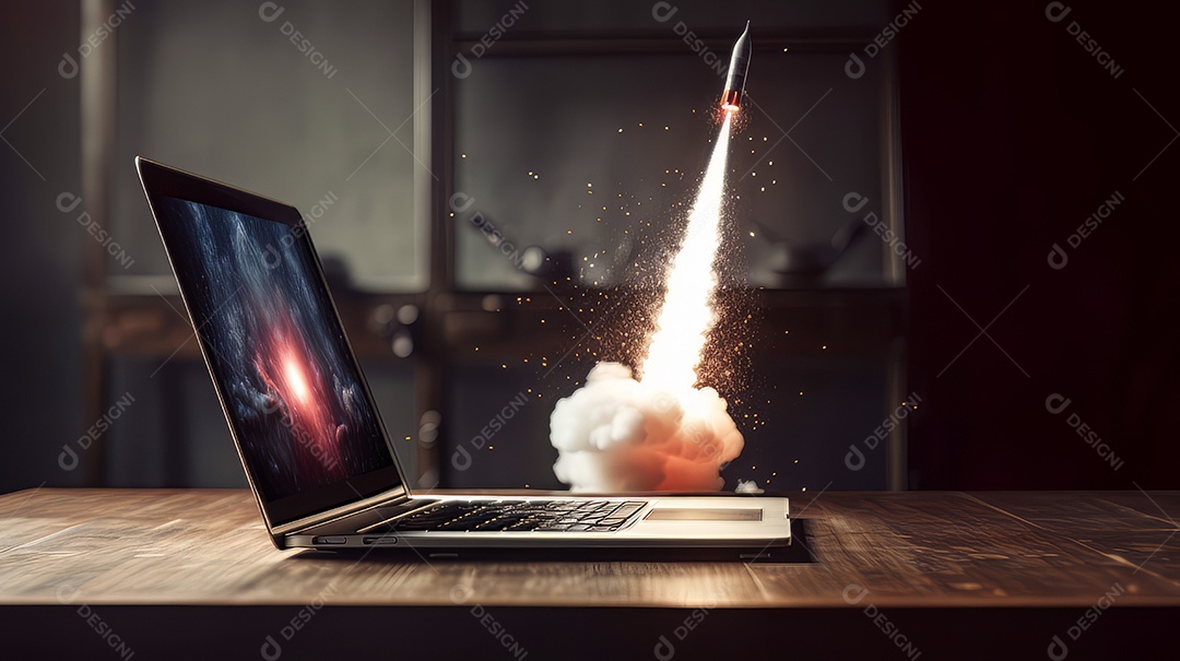 Laptop com um foguete decolando Conceito de ganhar dinheiro online trabalhando em negócios digitais empreendedorismo criptomoeda investimento marketing digital AI Generate.