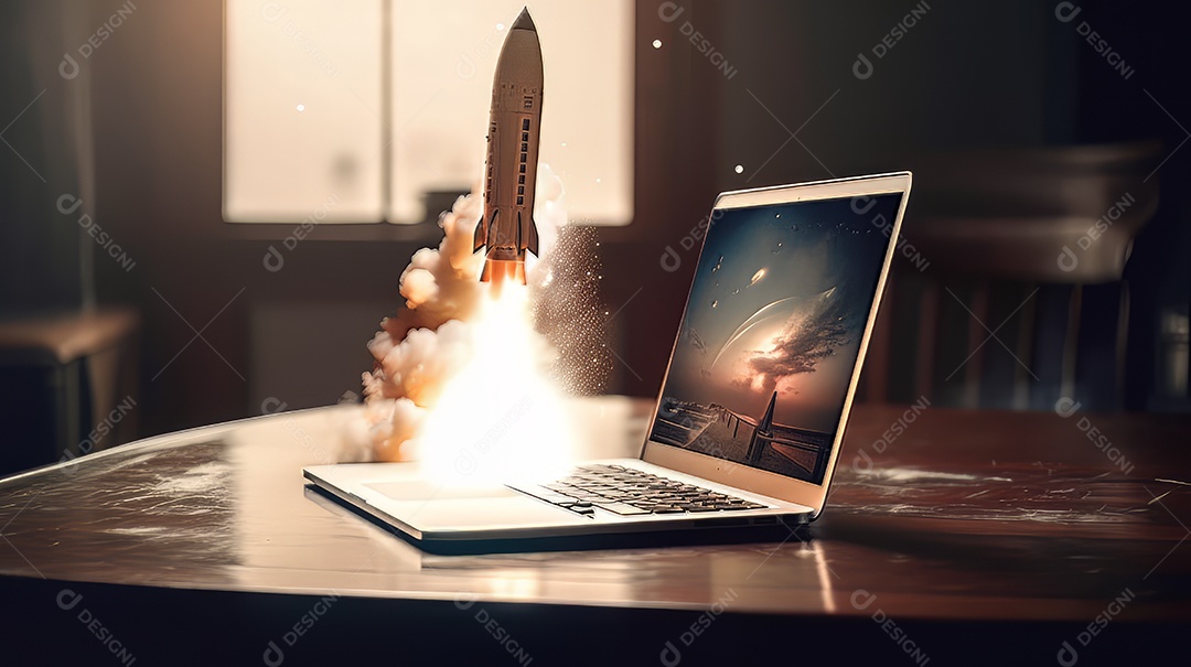 Laptop com um foguete decolando Conceito de ganhar dinheiro online trabalhando em negócios digitais empreendedorismo criptomoeda investimento marketing digital AI Generate.