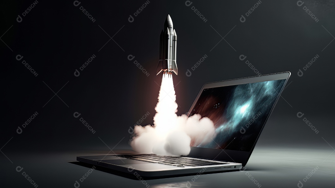 Laptop com um foguete decolando Conceito de ganhar dinheiro online trabalhando em negócios digitais empreendedorismo criptomoeda investimento marketing digital.