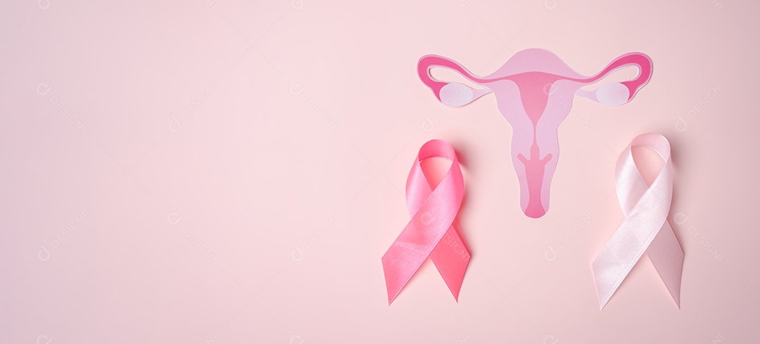 Ícone do útero com fitas cor de rosa em fundo rosa, sistema reprodutivo feminino, saúde da mulher