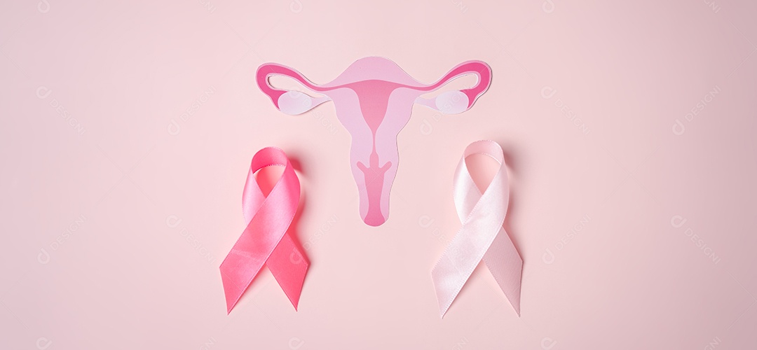 ícone do útero com fitas cor de rosa em fundo rosa, sistema reprodutivo feminino, saúde da mulher