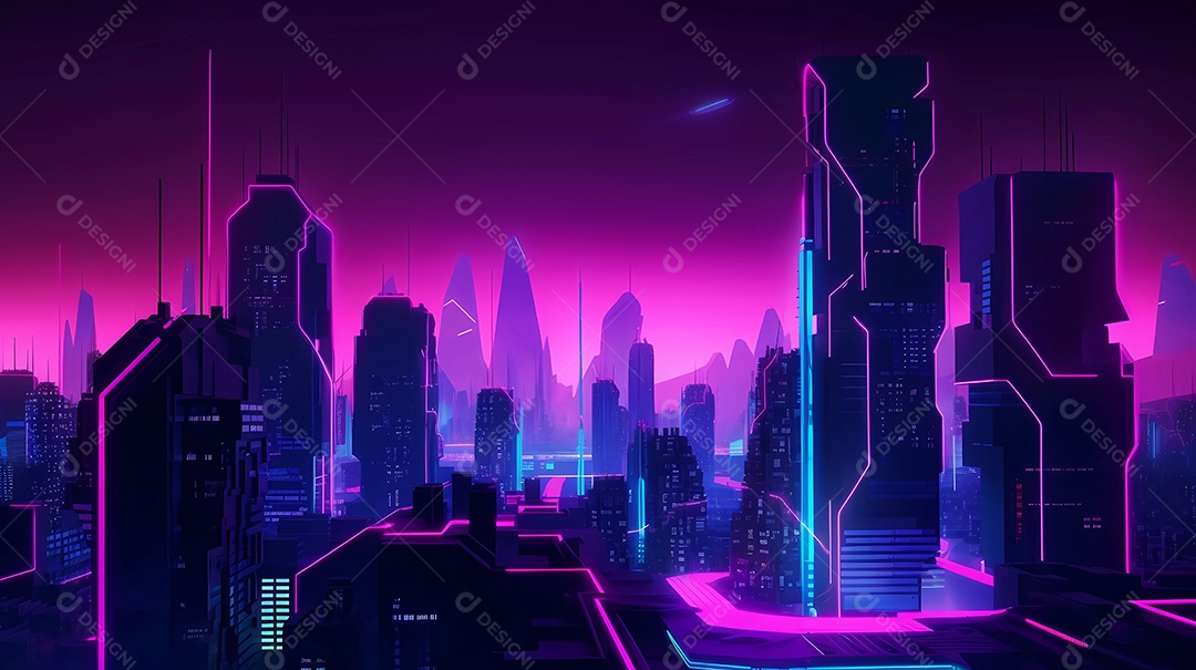 Cidade futurista neon, cyberpunk com lua ao fundo.