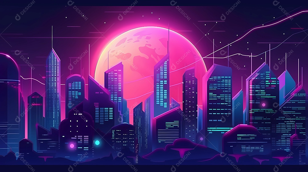 cidade futurista neon, cyberpunk com lua ao fundo.