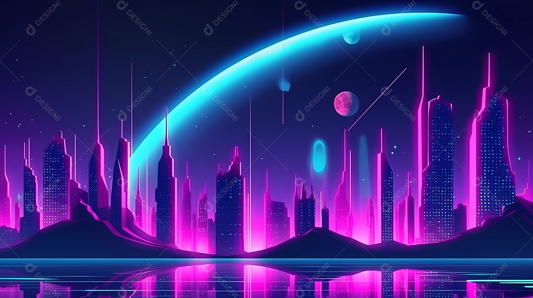 cidade futurista neon, cyberpunk com lua ao fundo.