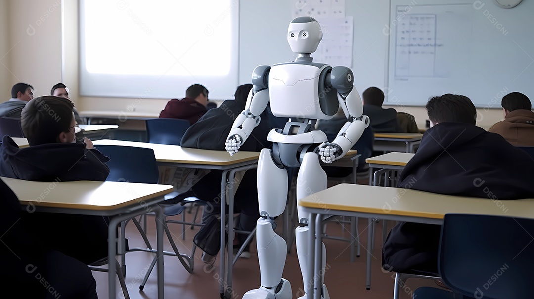 Robô ou ciborgue em sala de aula ensinando adolescente.