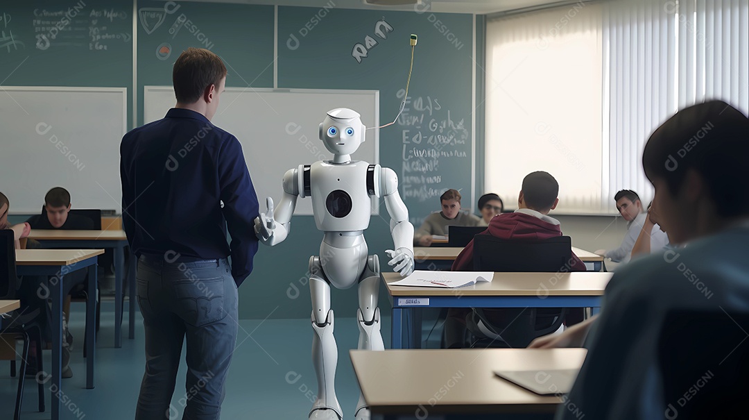 Robô ou ciborgue em sala de aula ensinando adolescente.