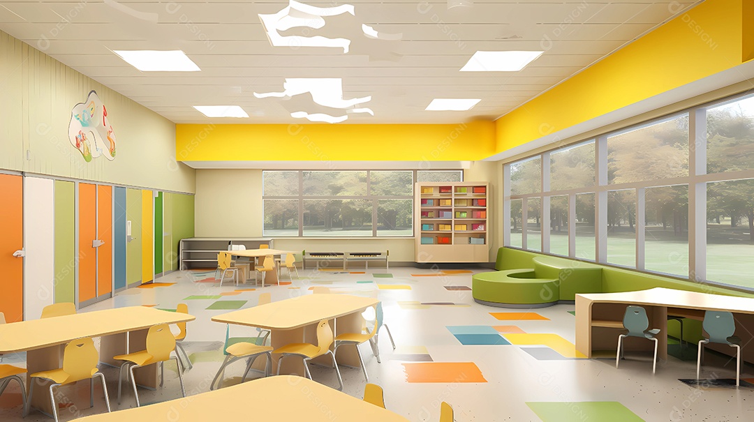 design de interiores de escola, sala de aula, corredor e refeitório.