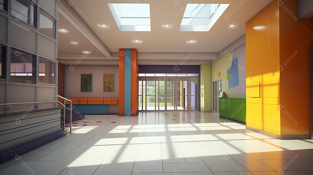 design de interiores de escola, sala de aula, corredor e refeitório.