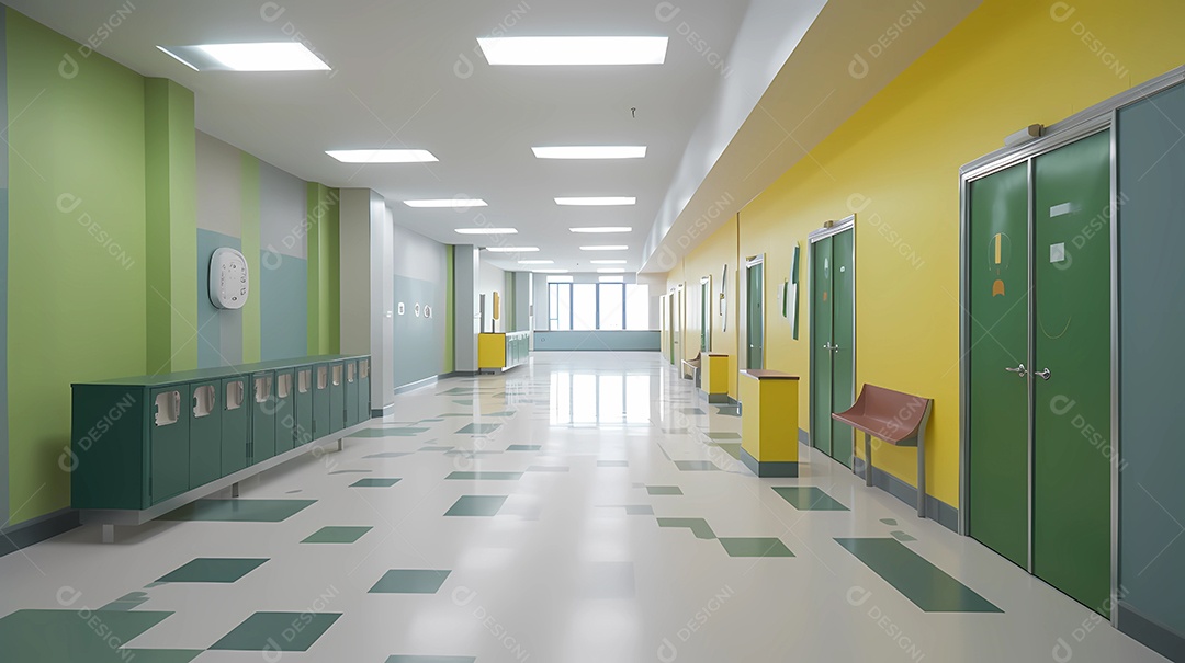 design de interiores de escola, sala de aula, corredor e refeitório.