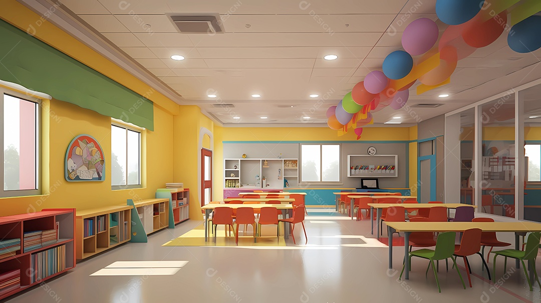 Design de interiores de escola, sala de aula, corredor e refeitório.