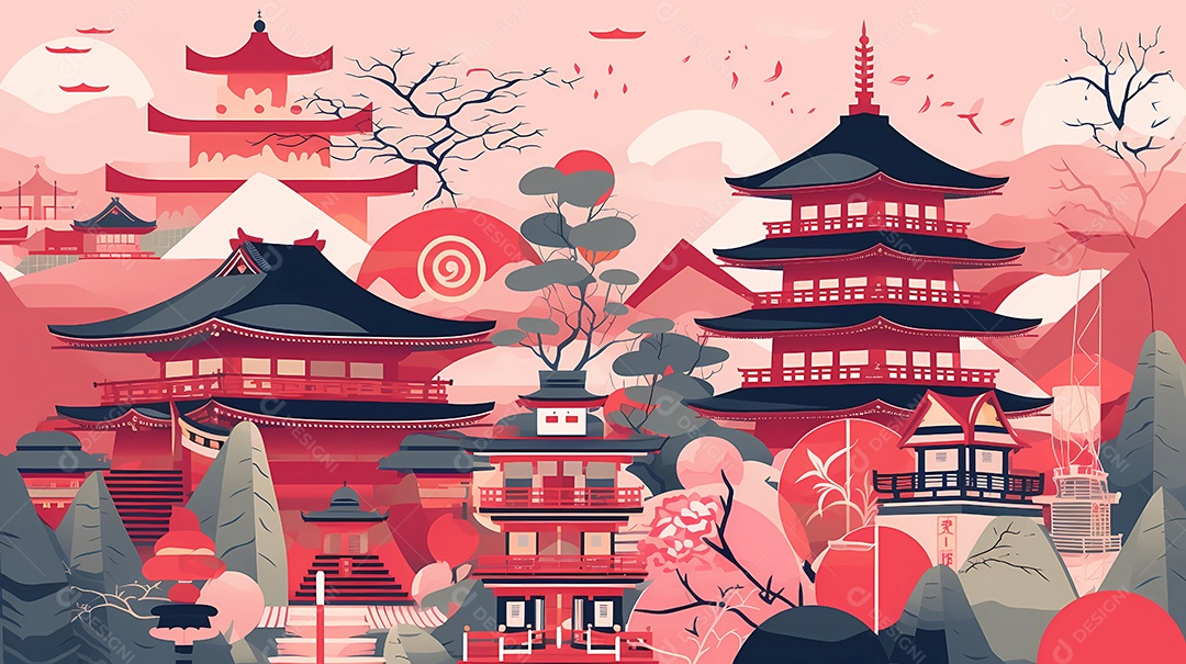 Design de ilustração japonesa colorida da natureza, edifícios e vida selvagem