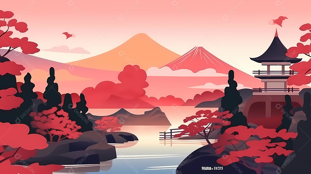 Design de ilustração japonesa colorida da natureza, edifícios e vida selvagem